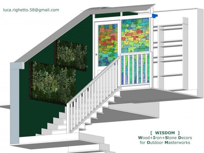 Archisio - Luca Righetto - Progetto Interior design Parete verde lungo la scala con vetrate artistiche