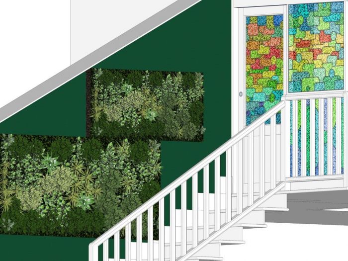 Archisio - Luca Righetto - Progetto Interior design Parete verde lungo la scala con vetrate artistiche