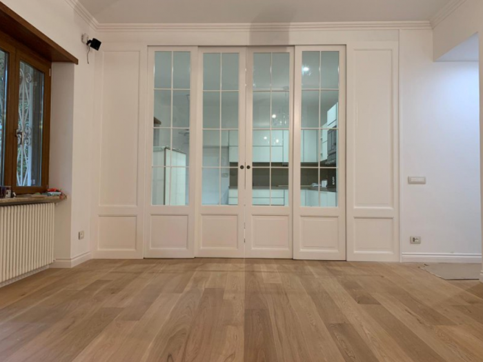 Archisio - Arte Del Legno 86 Snc - Progetto Porta scorrevole a 4 ante con sistema di trascinamento e simmetria