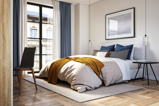 Camera da letto moderna e arredi minimal 