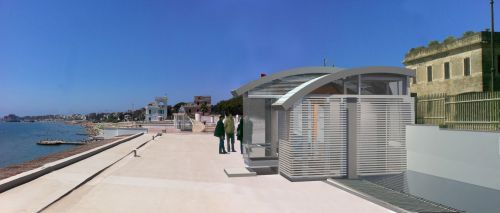 Archisio - Aldo Canepone - Progetto Nuovo padiglione di ingresso al piano strada di un edificio di abitazioni sul fronte mare